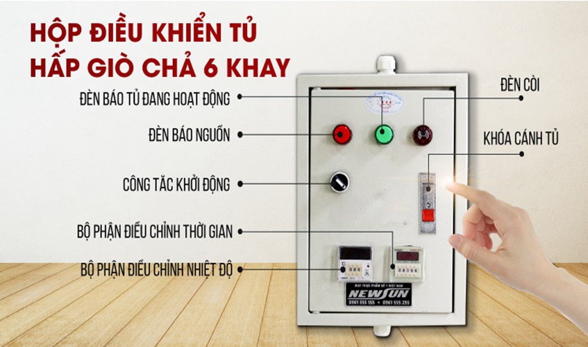 Tủ Hấp Giò Chả, Thực Phẩm 36 Kg Bằng Điện Gas 6 Khay Inox 304 NEWSUN, Năng Suất Cao - Hàng Chính Hãng