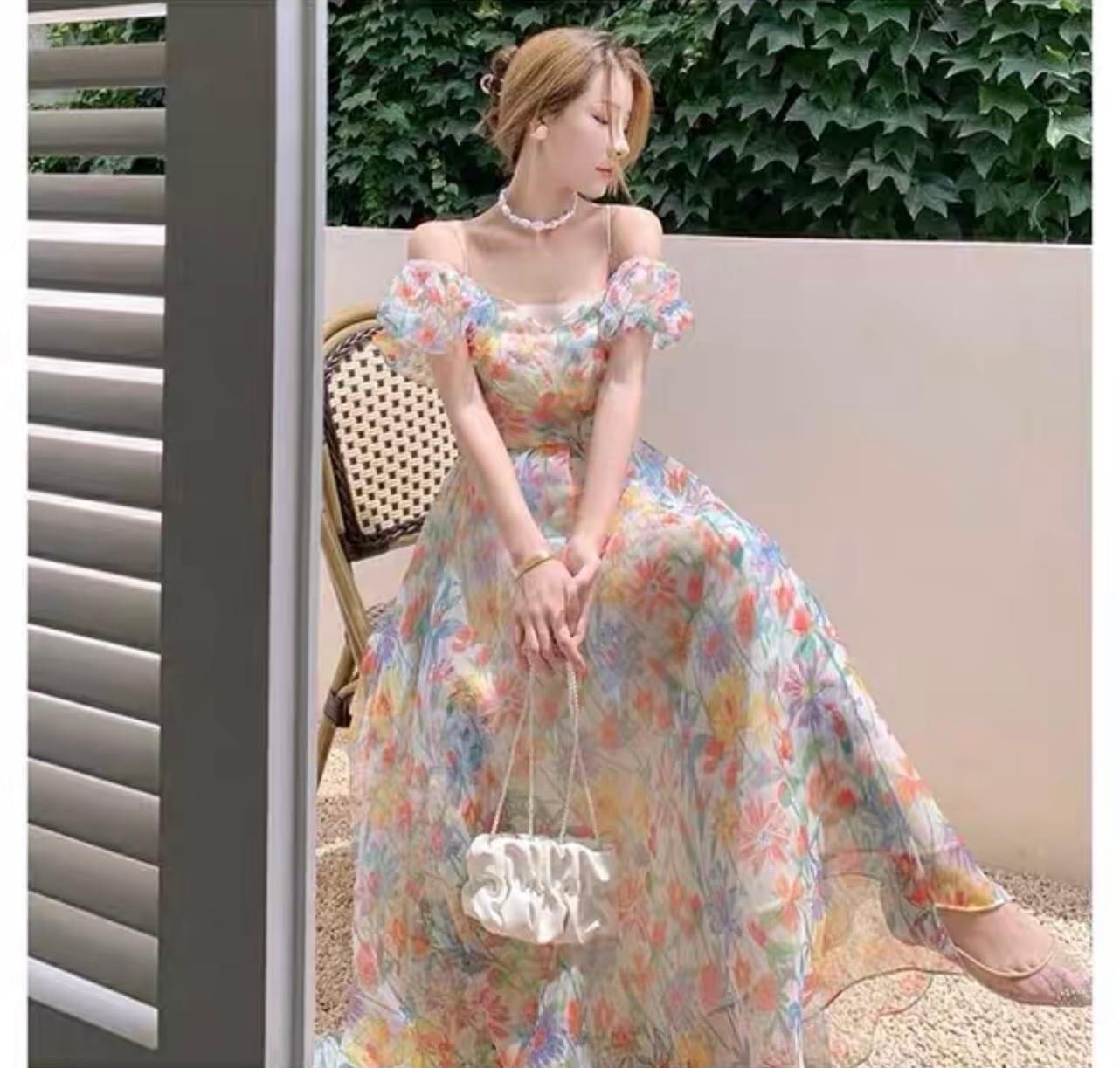 ĐẦM DÀI HOA MAXI ĐI BIỂN CỔ U DÂY LƯNG SUÔNG XÒE MIDI FLORAL DẠO PHỐ DỰ TIỆC