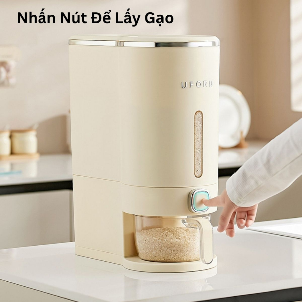 Thùng Đựng Gạo dáng đứng chất liệu nhựa, nắp nhấn kèm phễu đựng gạo Thông Minh hãng UFORU.LITE 5Kg-10Kg