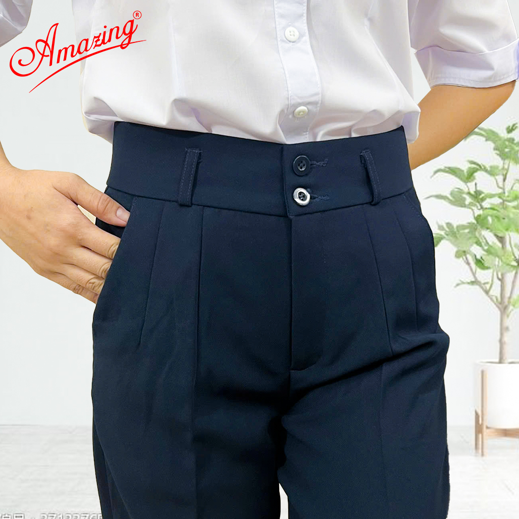 Quần nữ Amazing lưng cao 2 nút đồng phục học sinh vải tuyết mưa dày mềm không nhăn màu đen và xanh