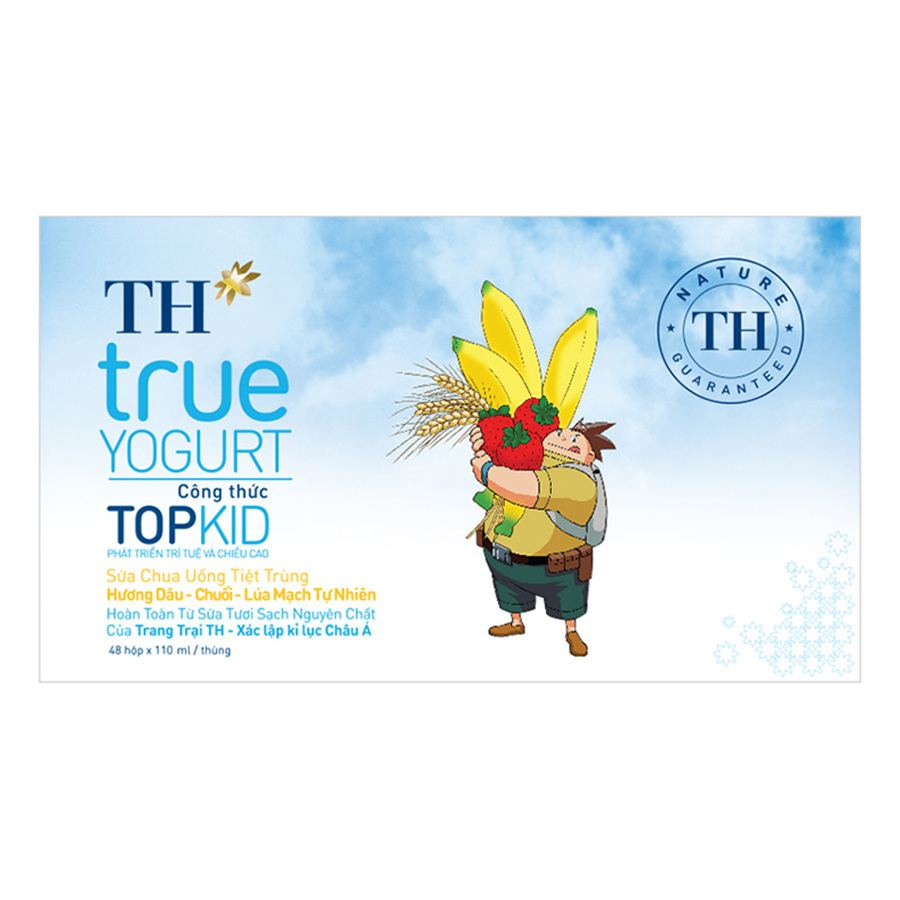 Thùng Sữa Chua Uống Tiệt Trùng Topkid Dâu - Chuối - Lúa Mạch TH True Milk (110ml x 48 Hộp)