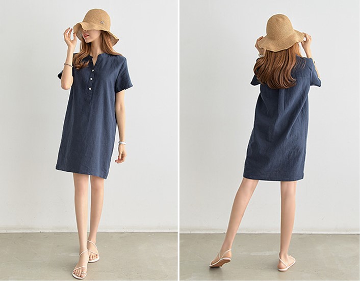 Váy suông nữ trơn đầm ngắn tay nữ cổ tàu, chất liệu Linen đẹp, thiết kế trẻ trung dễ mặc Đũi Việt