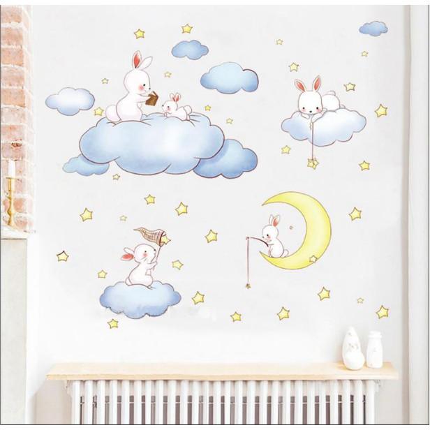 Decal trang trí tường - Thỏ Trắng vui chơi cùng Trằng Mây thật đáng yêu