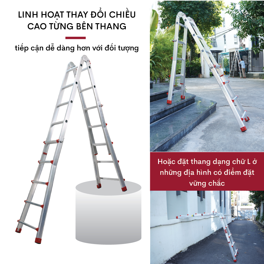 Thang nhôm gấp trượt chữ A 5.1M Nhập Khẩu đa năng chống trượt, thang gấp rút 4 bậc có khoá an toàn Multi Purpose Ladder - Hàng Nhập khẩu