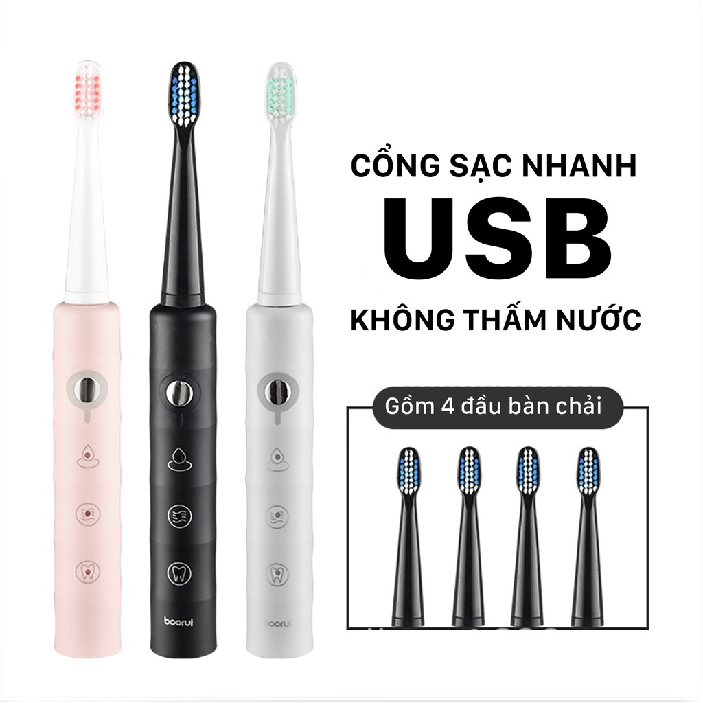 Bàn Chải Điện BOORUI Primus Z2 (TB-018) 3 Chế Độ , Bàn Chải Đánh Răng  Tặng Kèm 3 Đầu Bản Chải - Hàng Chính Hãng , Chống Nước IPX7 , Sạc nhanh USB