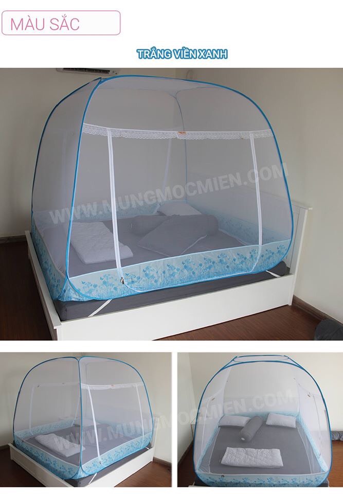 Màn Chụp , Mùng Chụp Cao Cấp Mộc Miên Đỉnh Rộng - Kích Thước 1,4mx2m ( Trắng Viền Xanh )