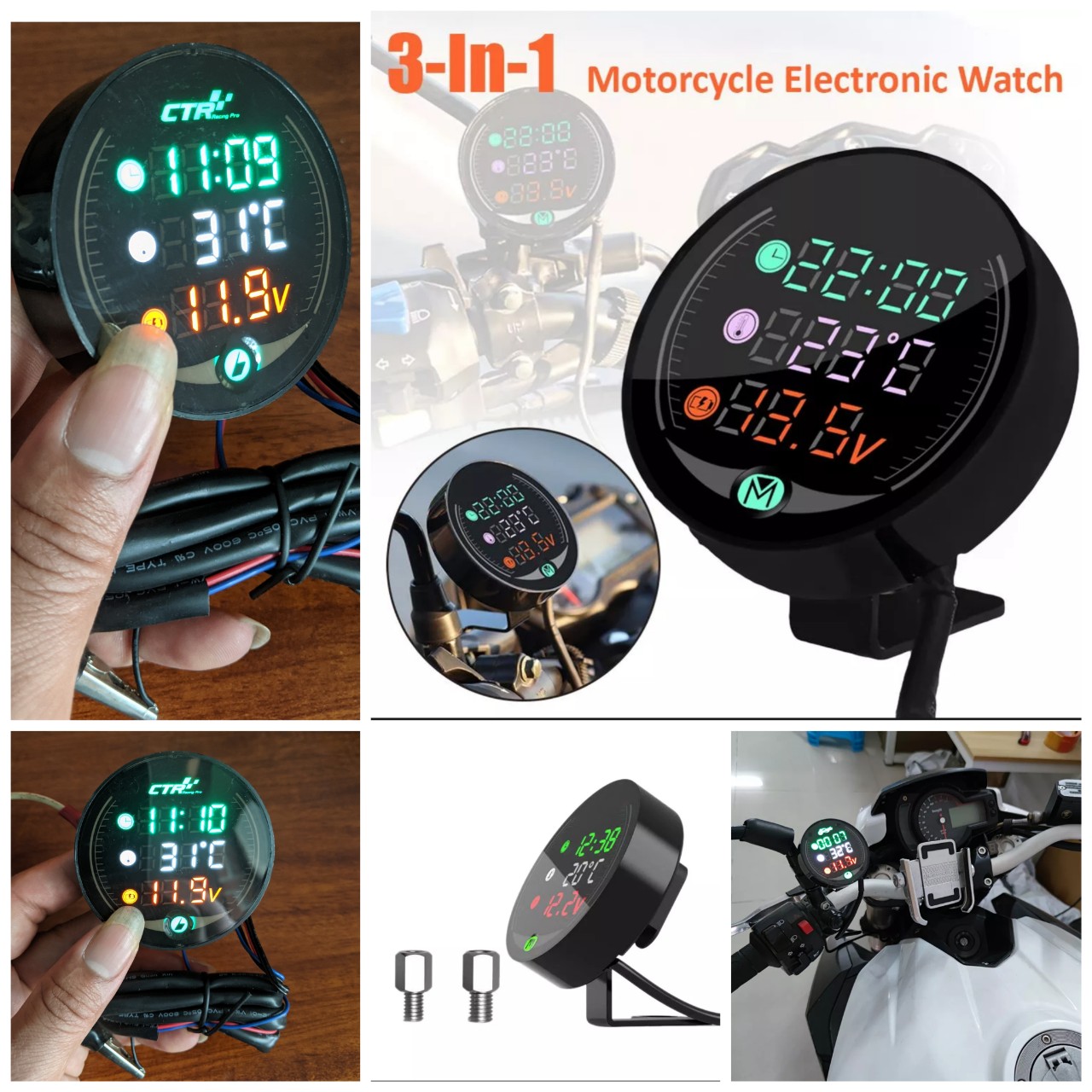 Đồng hồ 3in1 xe máy CTR báo giờ, vôn ắc quy, nhiệt độ đa năng mẫu mới hàng cao cấp