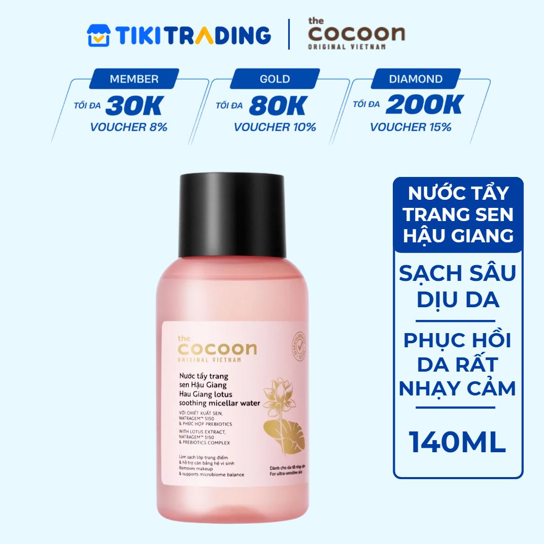 Nước Tẩy Trang Sen Hậu Giang Sạch Bụi Siêu Mịn PM1.0, Có Prebiotics Dịu Êm Cho Da Rất Nhạy Cảm Cocoon 140ml