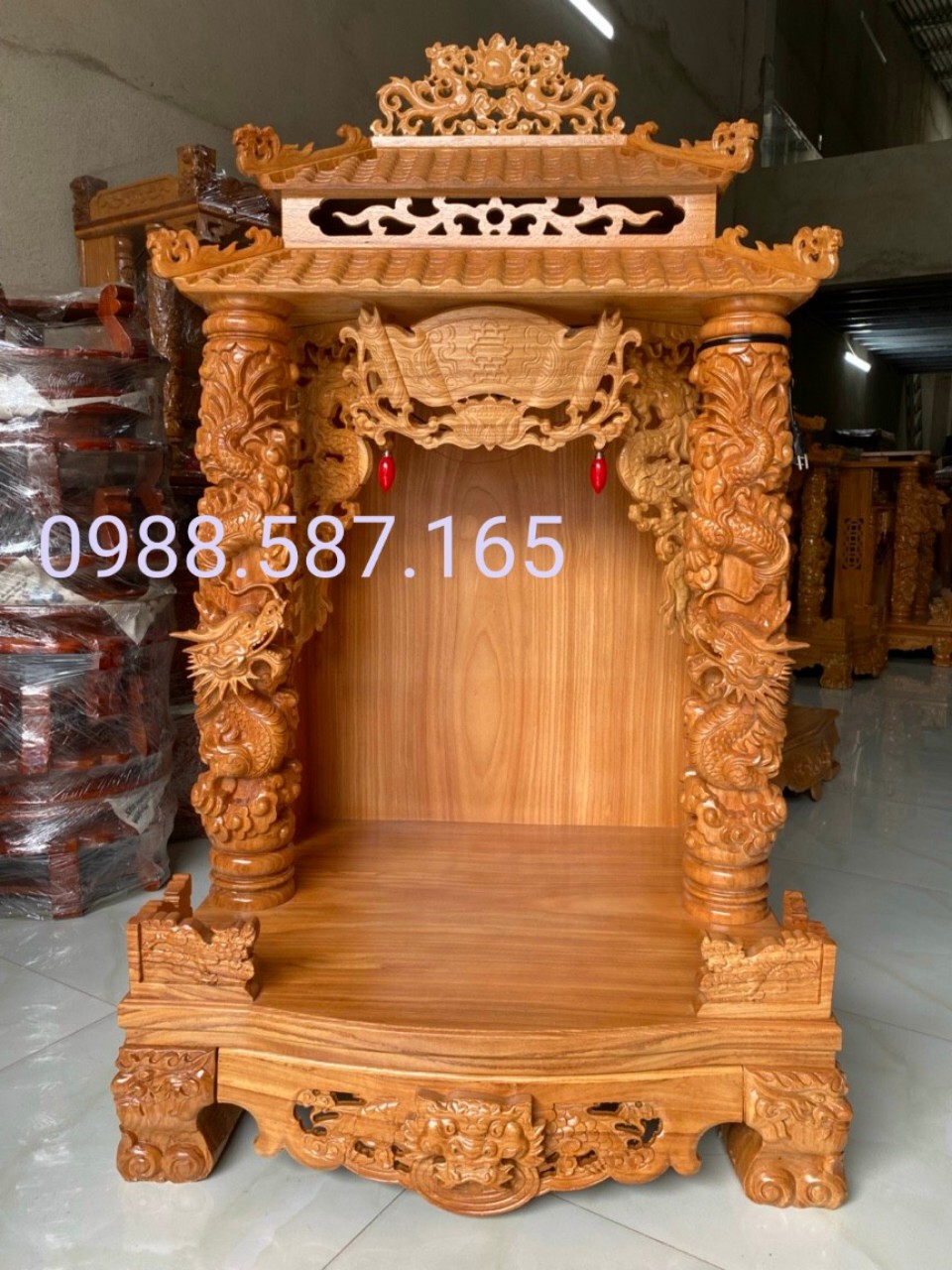 Bàn thờ thần tài ông địa mái chùa gỗ gõ đỏ , bàn thờ gỗ cao cấp vip ngang 80 cao 1m47 (FREESHIP HCM 50 KM )