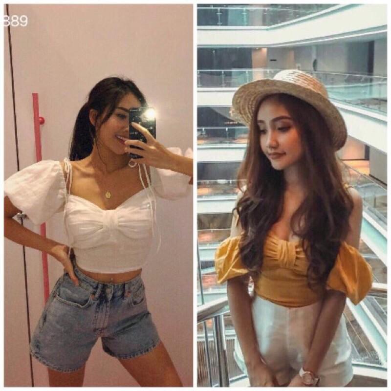 Áo croptop nhún cột nơ vai có 3 màu