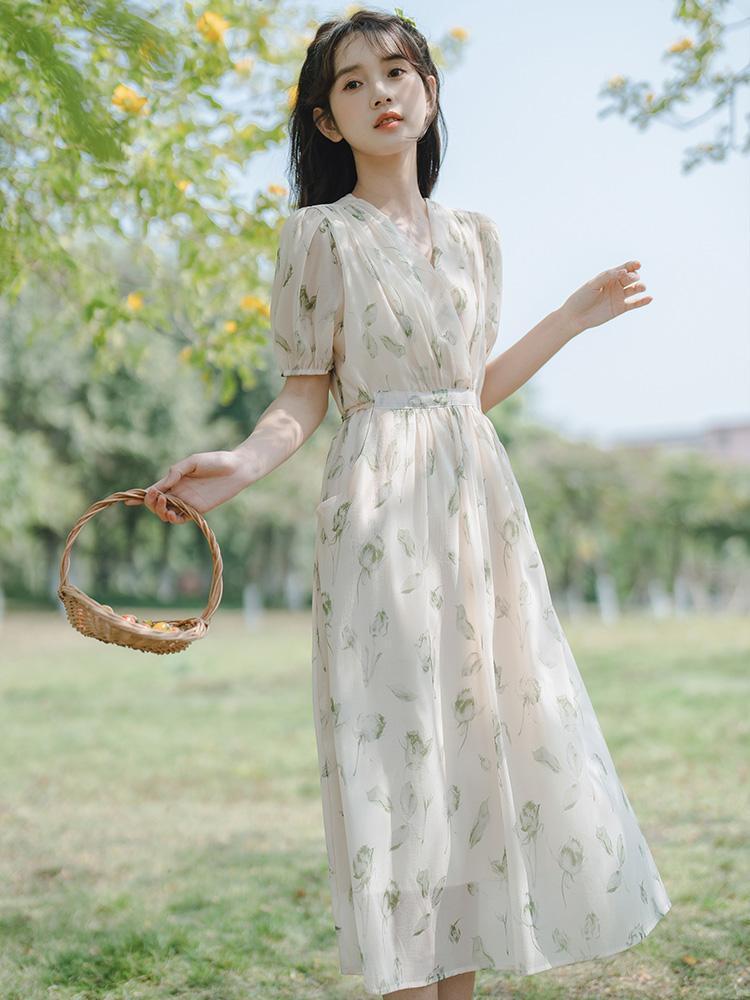 CHENGRUI Pháp nhỏ làm mới váy ngọt ngào thắt lưng ren-up trà nghỉ váy dài mùa hè hoa đầm phụ nữ