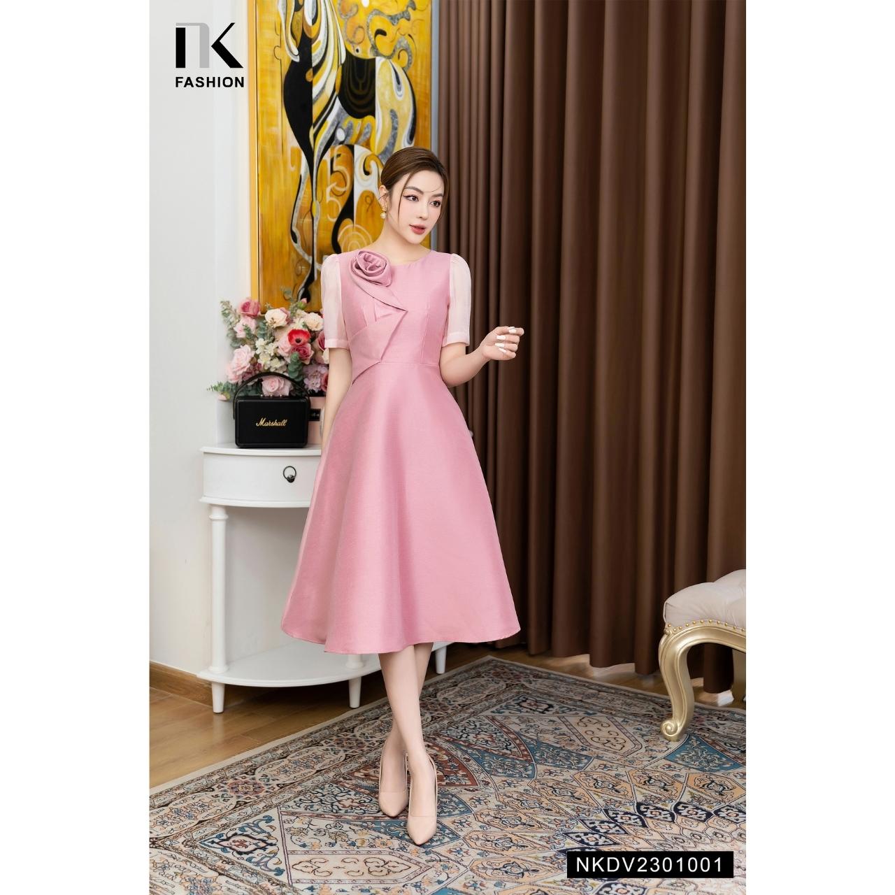 Đầm Gấm Xếp Hoa NK FASHION Dáng Xòe Trẻ Trung Thanh Lịch Chất Vải Nhập Hàn Cao Cấp Không Nhăn NKDV2301001