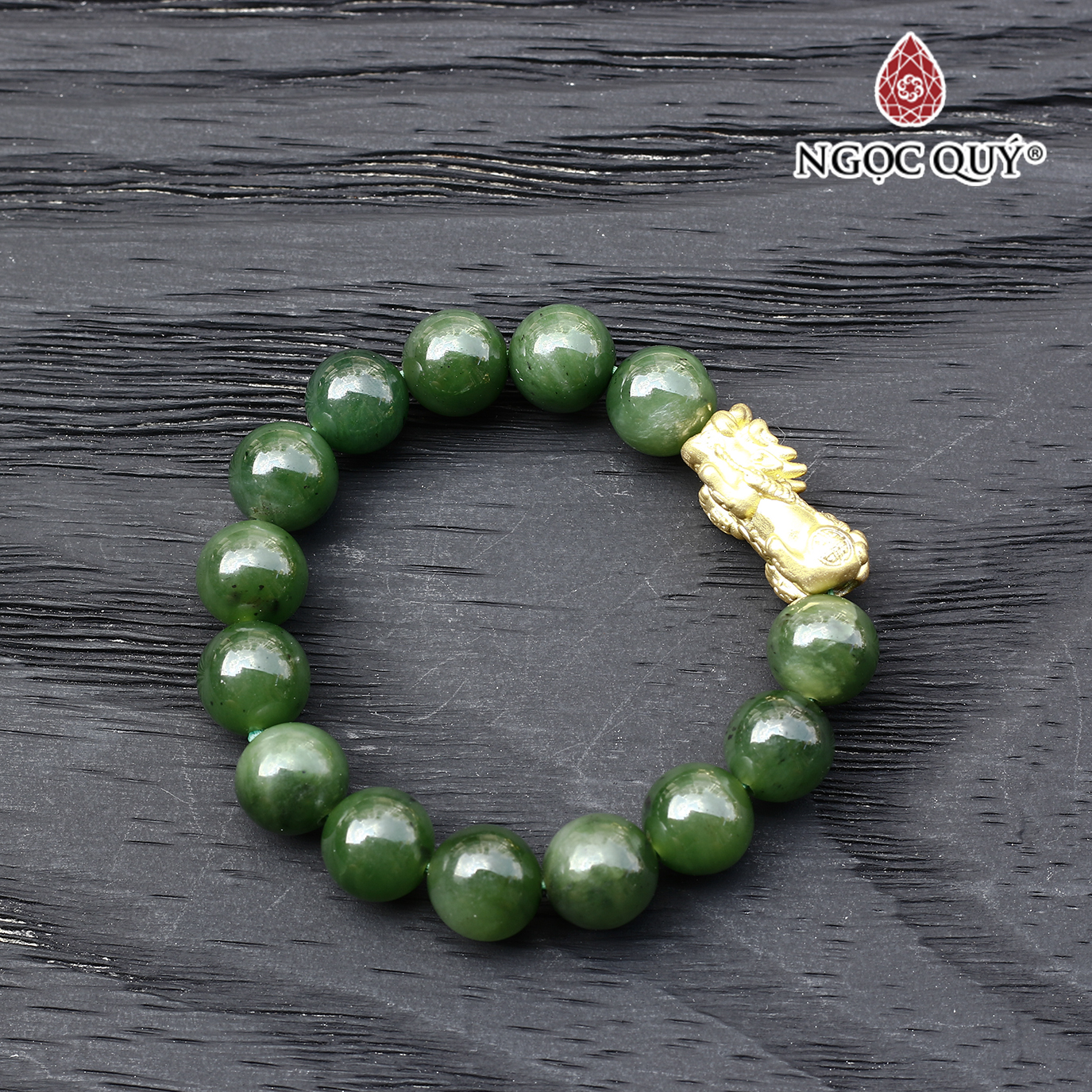Vòng ngọc bích 11mm phối tỳ hưu bạc mạ vàng mệnh hỏa, thổ - Ngọc Quý Gemstones