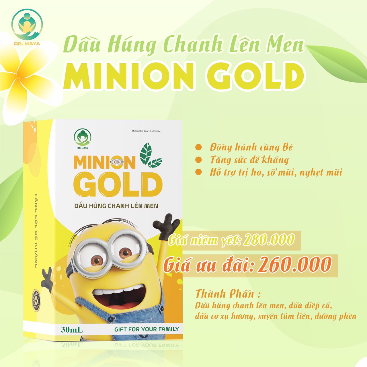 Dầu húng chanh lên men Minion gold 30ml tăng đề kháng, giảm ho, khò khè