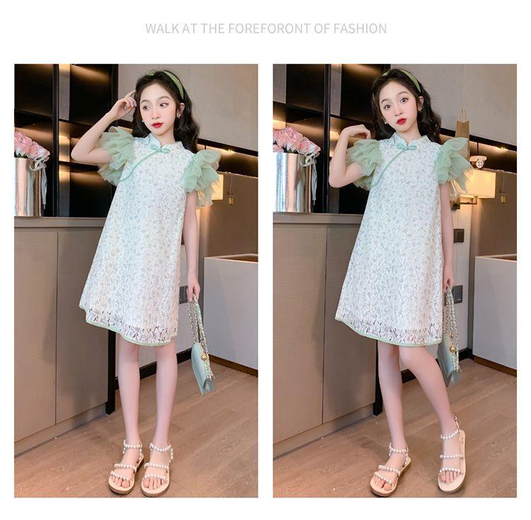 SHUANGYAN Đầm sườn xám cho bé gái Trang phục mùa hè 2023 Phong cách phương Tây Thời trang Hanbok váy công chúa cho bé gái váy mùa hè