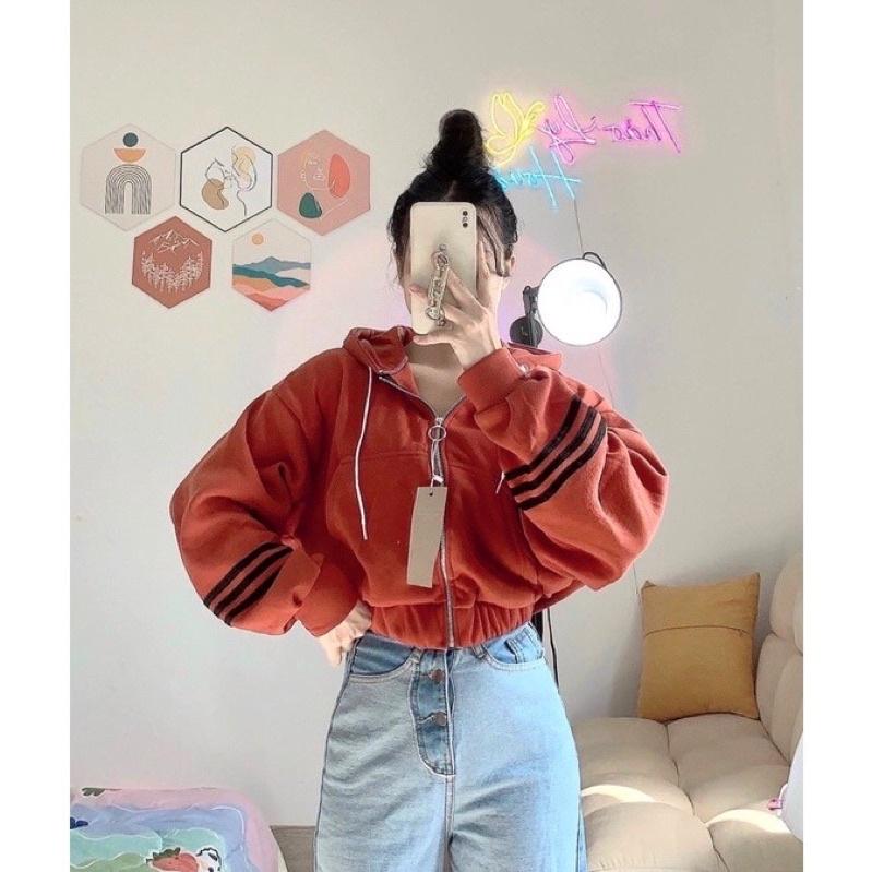 Áo khoác lửng croptop nỉ ngoại sọc tay có nón unisex ulzzang nam nữ