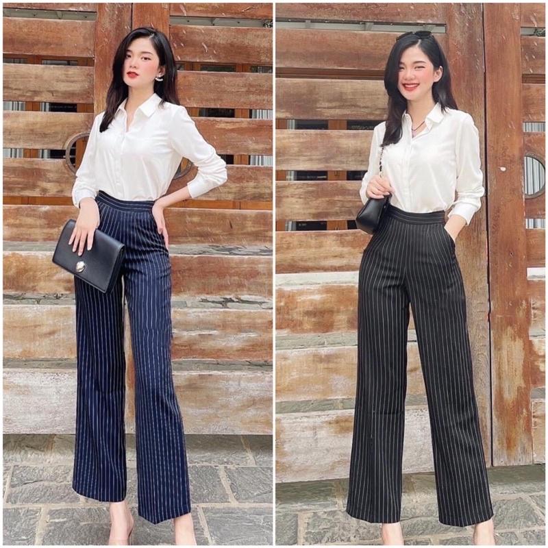 Quần kẻ cạp chun sau ống suông khoá hông siêu hót