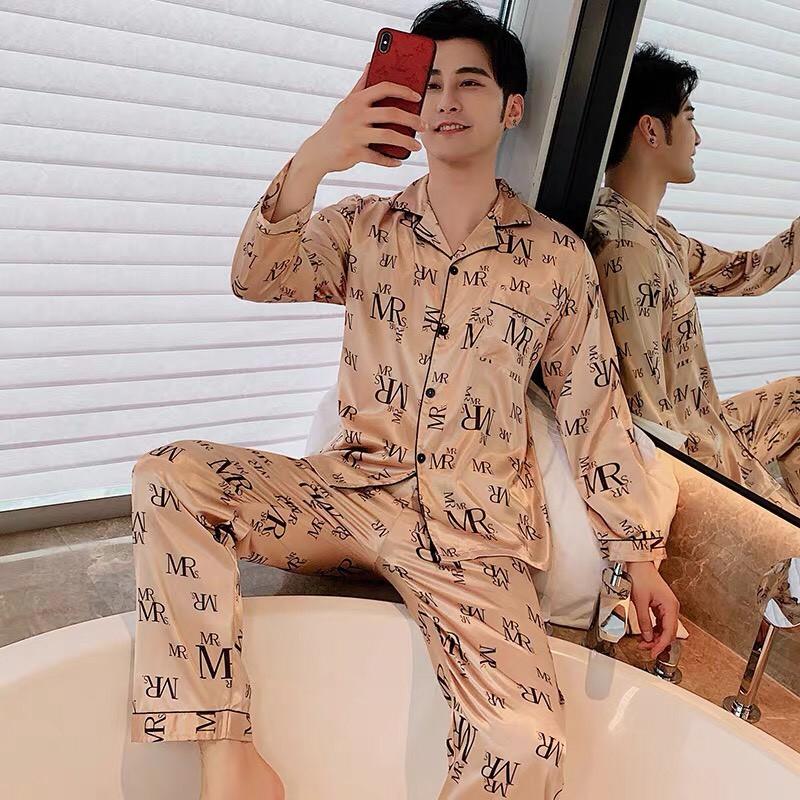 Đồ bộ Pijama họa tiết chữ MR dành cho nam - Đồ mặc nhà cho nam vải phi bóng dài tay (Hàng có sẵn)