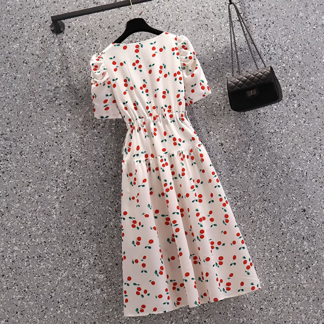 TOBE1SHOP Quần áo mùa hè 2023 Cherry in tay áo ngắn Vintage V cổ thắt lưng thiết kế cảm giác đầm cho phụ nữ