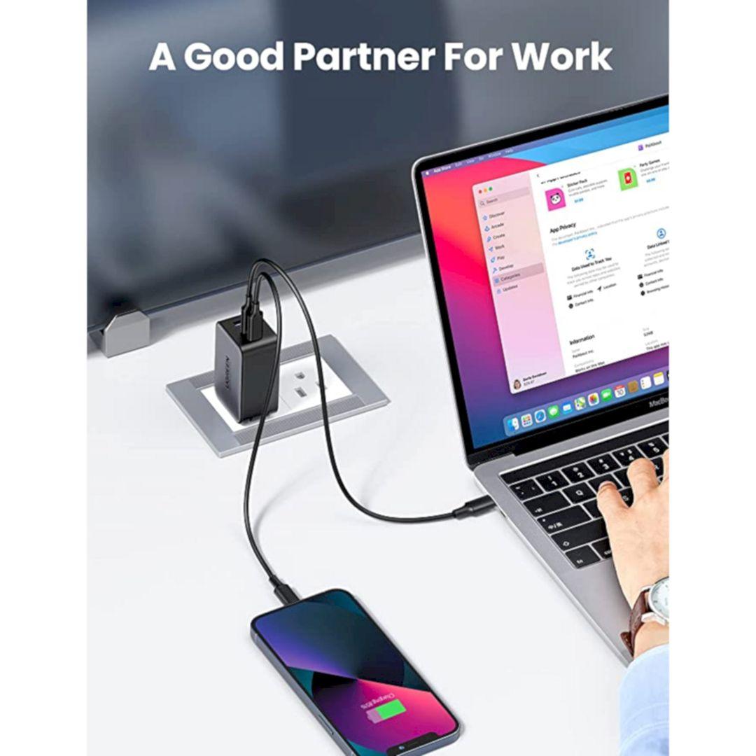 Ugreen UG10334CD244TK 65W 3Port Màu Đen Bộ sạc nhanh PD3.0 GaN sạc siêu nhanh 2 cổng USB-C và 1 Cổng USB-A chân cắm US - HÀNG CHÍNH HÃNG