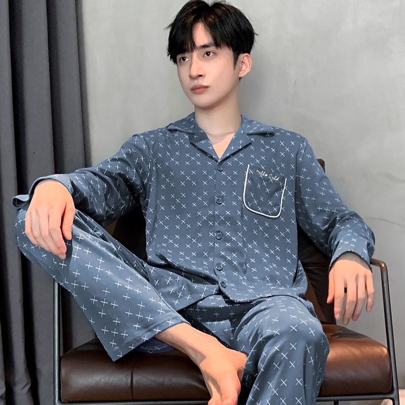 3678 - Bộ Pijama dài tay cao cấp, họa tiết chữ X nhí cùng tông xanh nam tính, size L-3XL