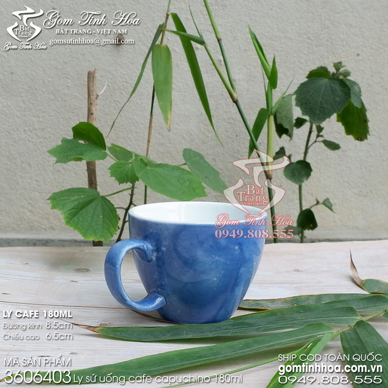 Ly tách uống cafe capuchino 180ml gốm sứ Bát Tràng men vân đá màu xanh coban