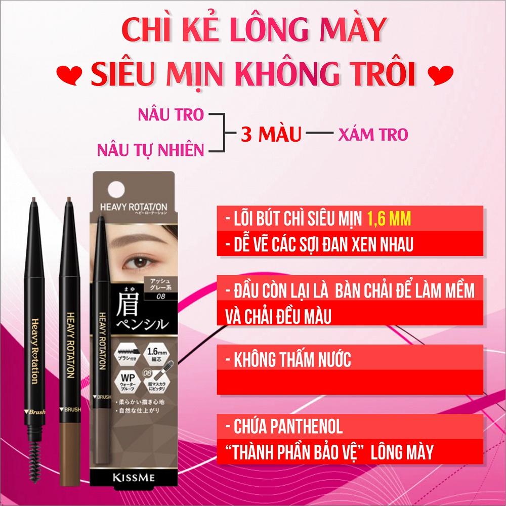 Bút Chì Sáp Kẻ Lông Mày Chống Lem Trôi ,Lõi Siêu Mịn Kissme Heavy Rotation Eyebrow Pencil (0,09g)