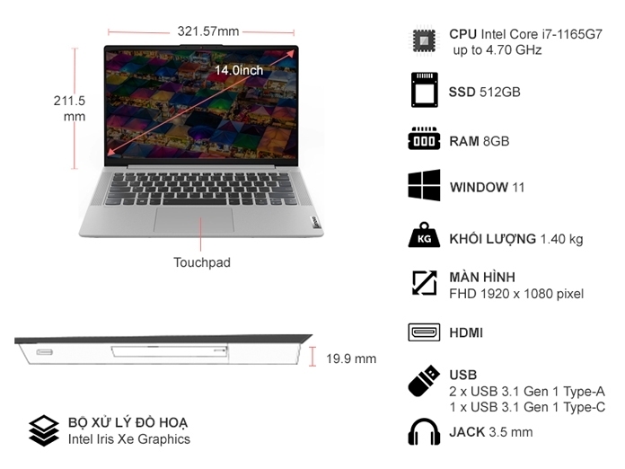 Laptop Lenovo IdeaPad 5 14ITL05 i7-1165G7 14 inch 82FE00JLVN/Màu Xám - Hàng Chính Hãng
