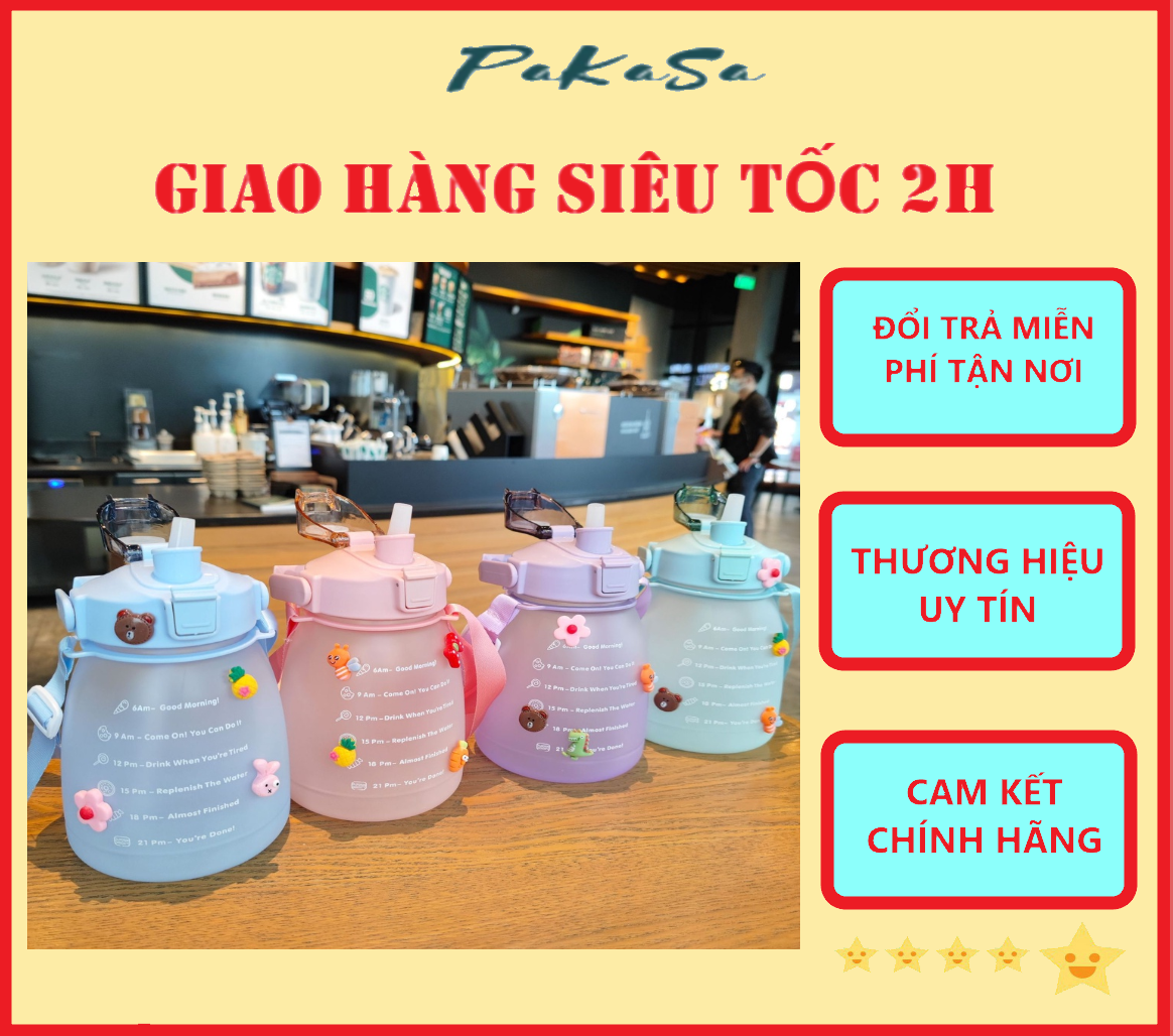 Bình Đựng Nước Cute Chia Vạch Nhắc Giờ Uống Nước Có Dây Đeo 1300ml Hàng Loại 1 - Chính Hãng