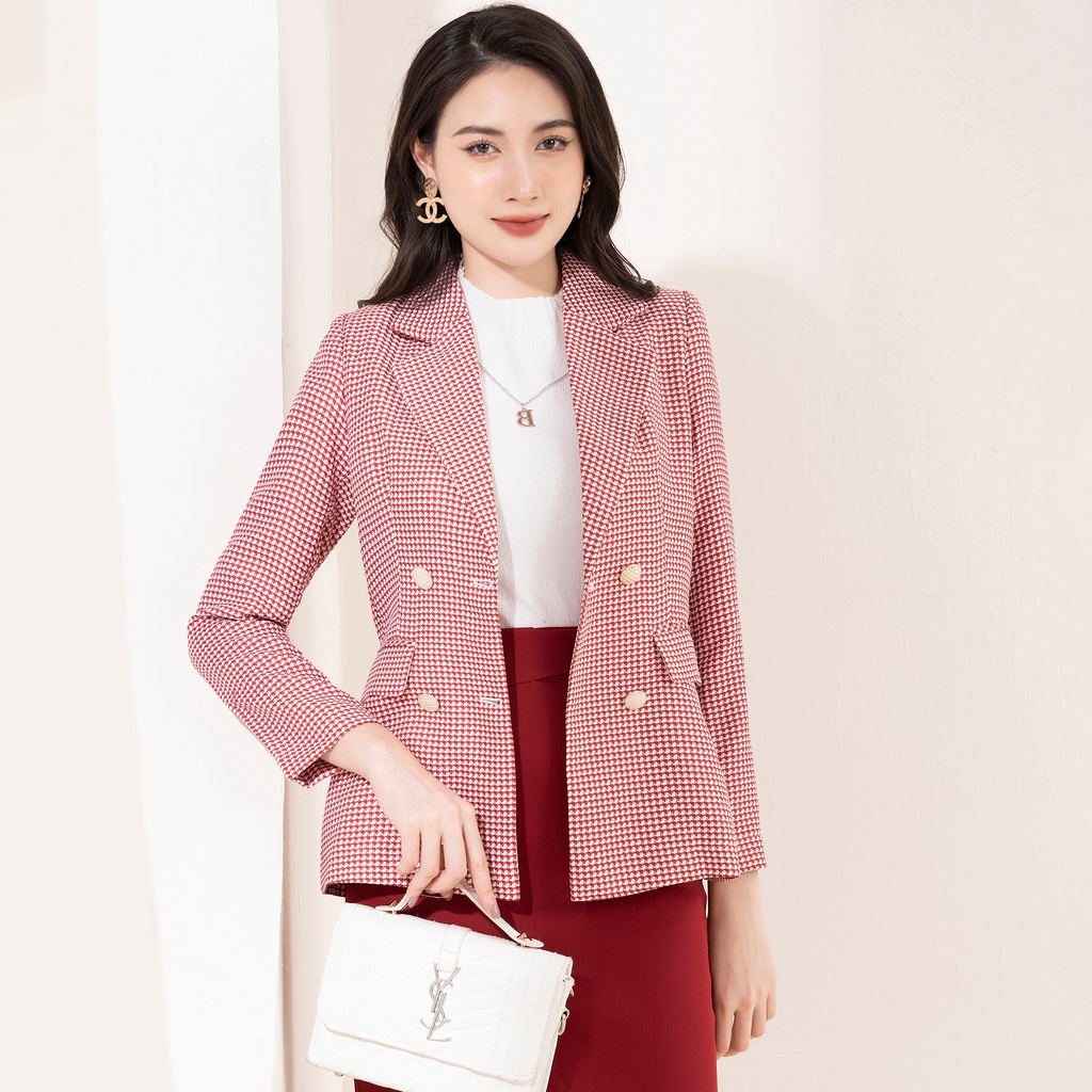 Áo Vest Nữ UK Fashion Vải Hàn Dáng Rông Dày Dặn Kẻ Có 4 Cúc Bọc Tinh Tế Túi Nắp Lịch Sự Hiện Đại UKAK2210003