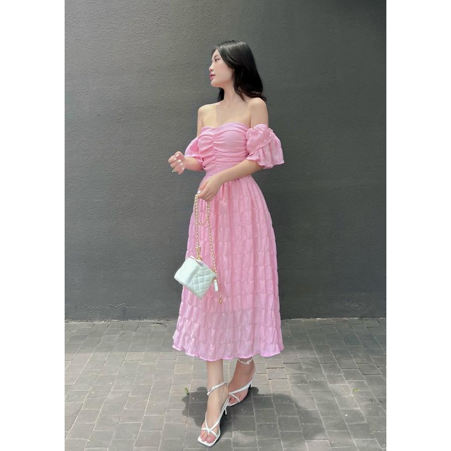 Váy đầm nữ maxi dáng xòe cúp ngực trễ vai thích hợp mặc đi tiệc đi chơi