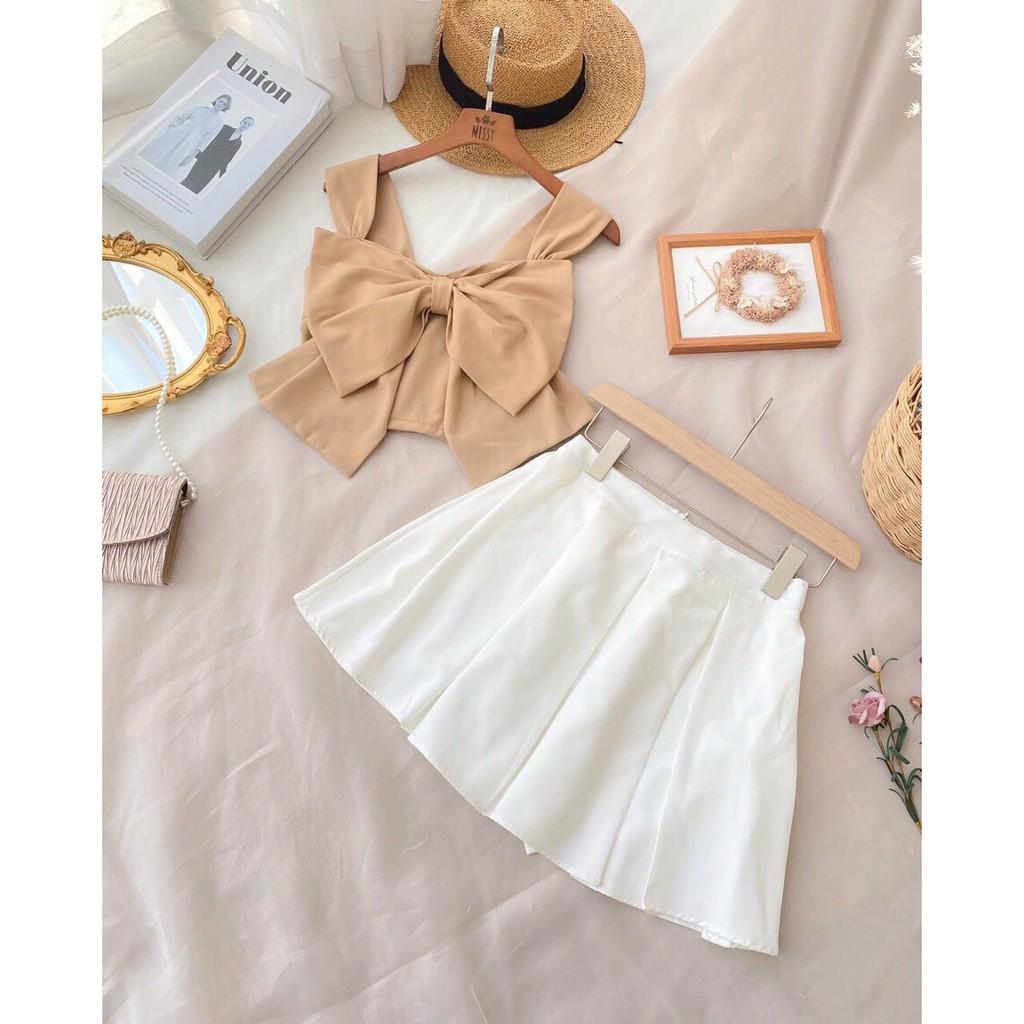 SET ÁO 2 DÂY PHỐI NƠ TRƯỚC NGỰC PHÍA SAU CÓ BO CHUN+CHÂN VÁY XẾP LY-hình thật shop chụp