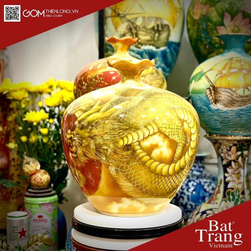 Bình Hút Tài Lộc Miệng Lượn Vẽ Vàng 3D Long Phụng Vờn Mây - Bình Hút Lộc Bát Tràng - Gốm Thiên Long