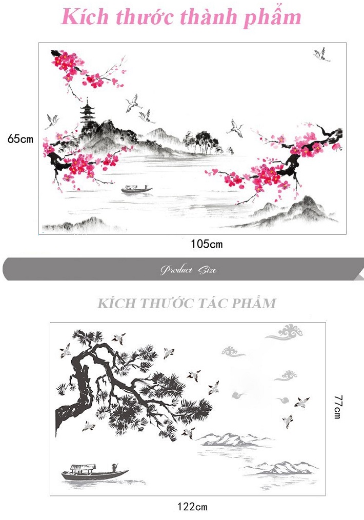Decal dán tường sơn thủy á đông cành đào nở rộ