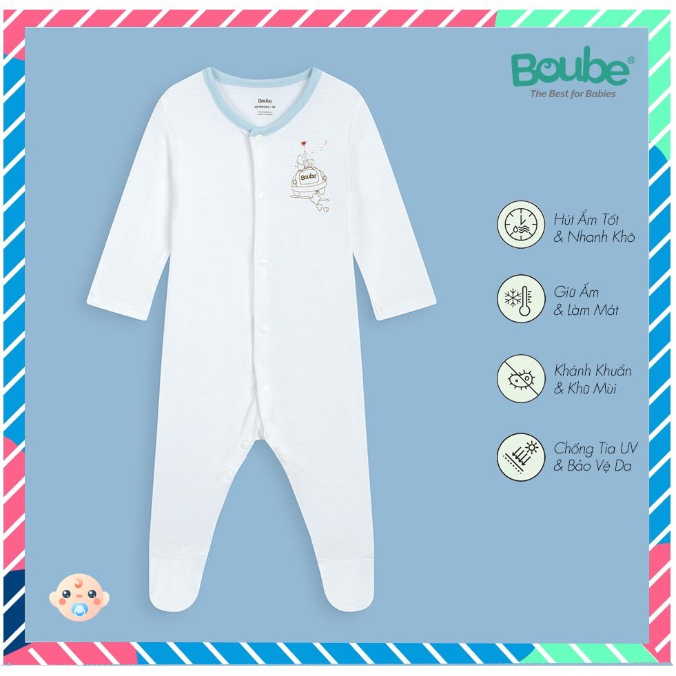 Bộ liền thân cài thẳng dài tay màu trắng viền cổ xanh Boube - Chất liệu Petit thoáng mát - Size Newborn