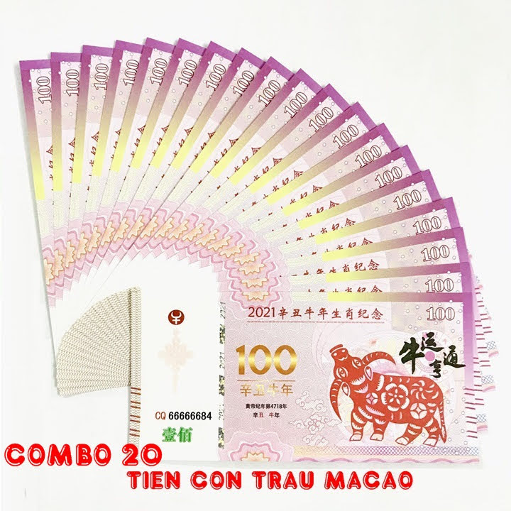 Combo 20 tờ lưu niệm 100 dola Macao hình con Trâu, dùng để sưu tầm, lưu niệm, làm tiền lì xì độc lạ, may mắn, ý nghĩa