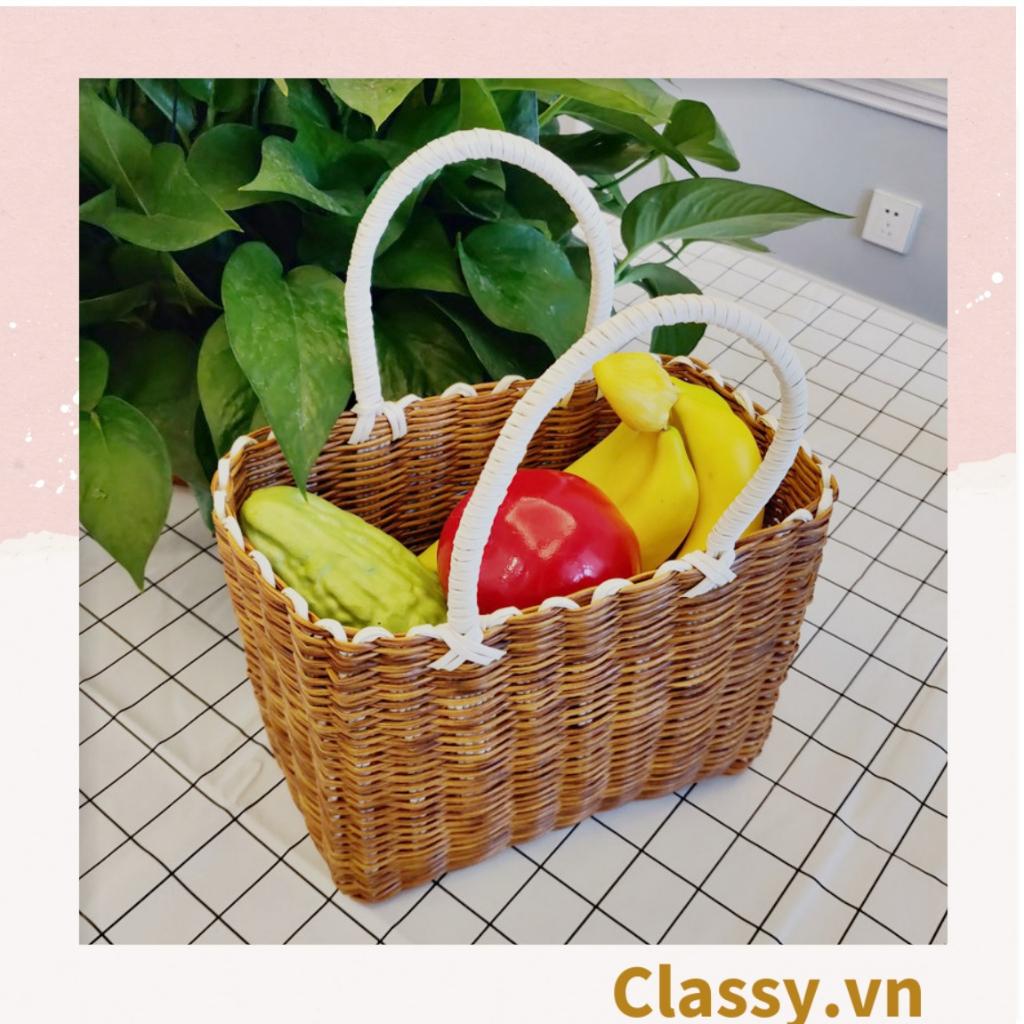 Giỏ mây đan bằng nhựa cao cấp  Classy có hình mặt cười, dùng làm dụng cụ chụp hình, đi dã ngoại, đi dạo phố T1071