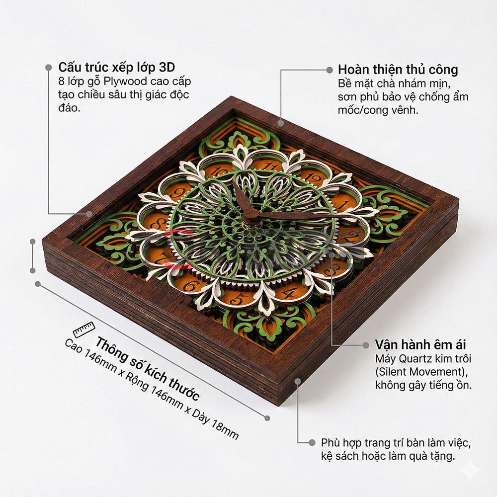 Đồng Hồ Để Bàn Gỗ Nghệ Thuật 3D - Khắc Laser - Kim Trôi Không Ồn