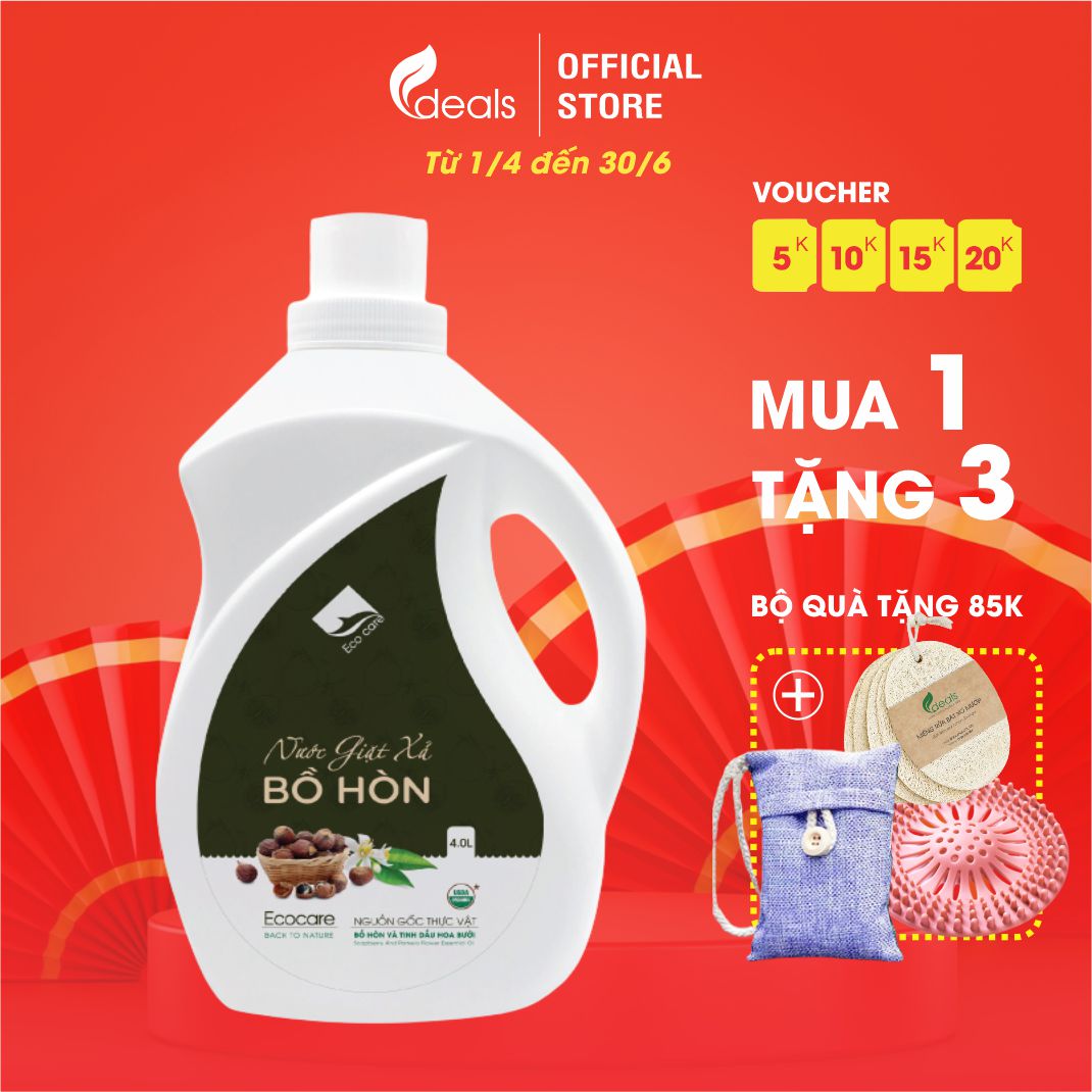 Nước giặt xả hữu cơ Bồ Hòn tinh dầu Hoa Bưởi ECOCARE 4 lít - Bền màu, giữ dáng, làm mềm vải, an toàn da nhạy cảm