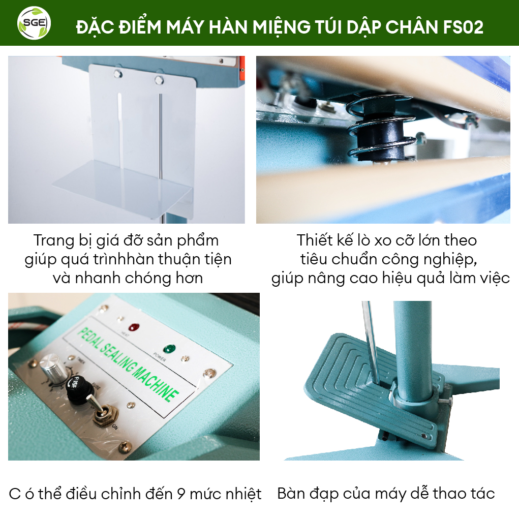 Máy Hàn Miệng Túi Dập Chân FS02 Từ SGE. Máy Có Công Suất Cao, Gia Nhiệt Nhanh, Dùng Được Cho Mọi Loại Túi. Hàng Nhập Khẩu Chính Hãng SGE Thailand. Máy Được Tặng Kèm 1 Bộ Dây Hàn Dự Phòng