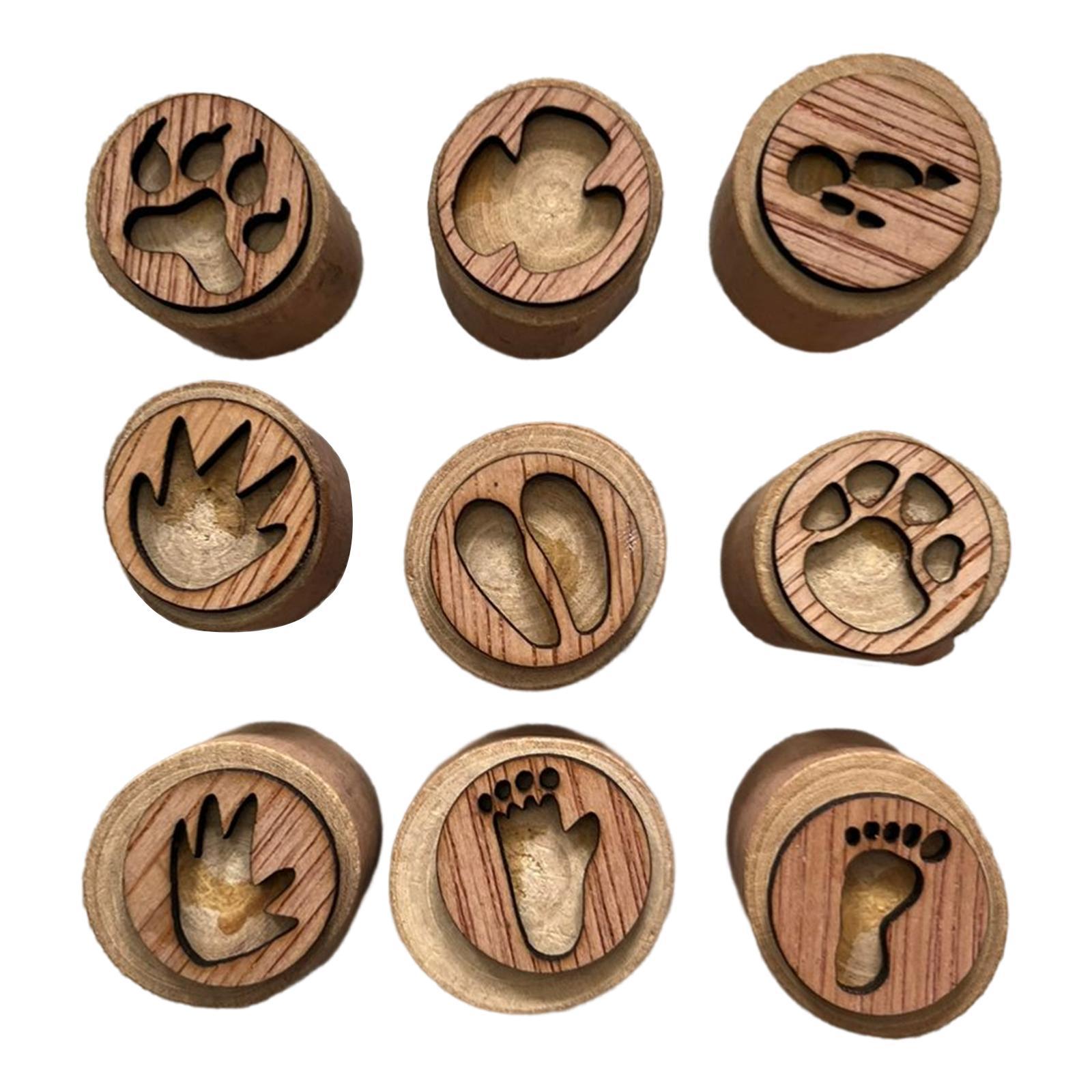 9Pcs Wooden Stamp Set Animals Foot Print Stamp Handmade Painting Animals Paw Stamp Animal Track Stamps for Clay, Planner, Teachers, Card Making