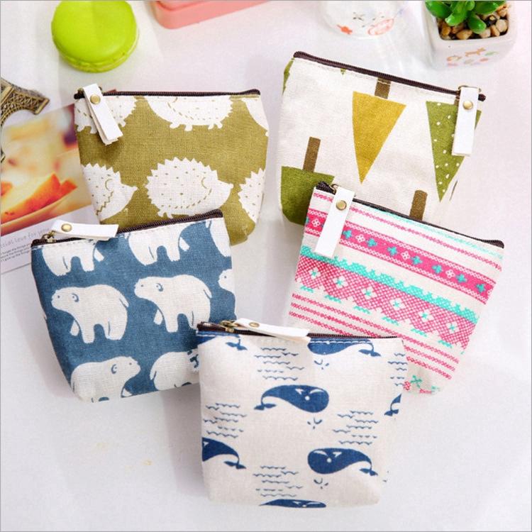 Ví tiền vải canvas nhỏ có khóa kéo in họa tiết đáng yêu xinh xắn