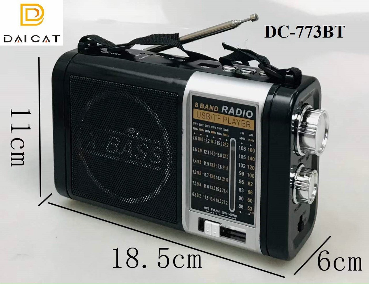 Đài RadioFM 8 BAND Radio DC-773BT, có hỗ trợ bluetooth thẻ nhớ TF và USB có đèn pin thiết kế sang trọng-Hàng Chính Hãng