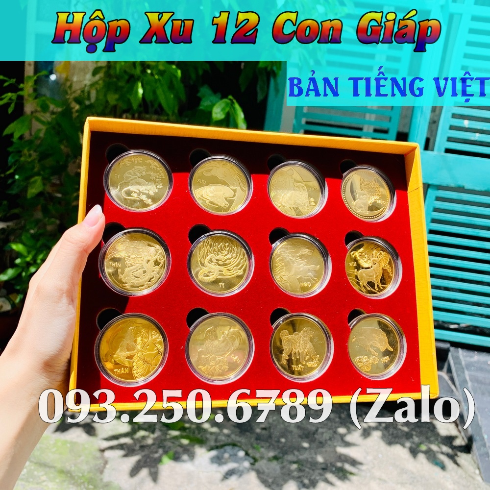 Bộ Đồng Xu 12 Con Giáp Mạ Vàng - Kèm Hộp Đỏ Sang Trọng Phong Thuỷ May Mắn