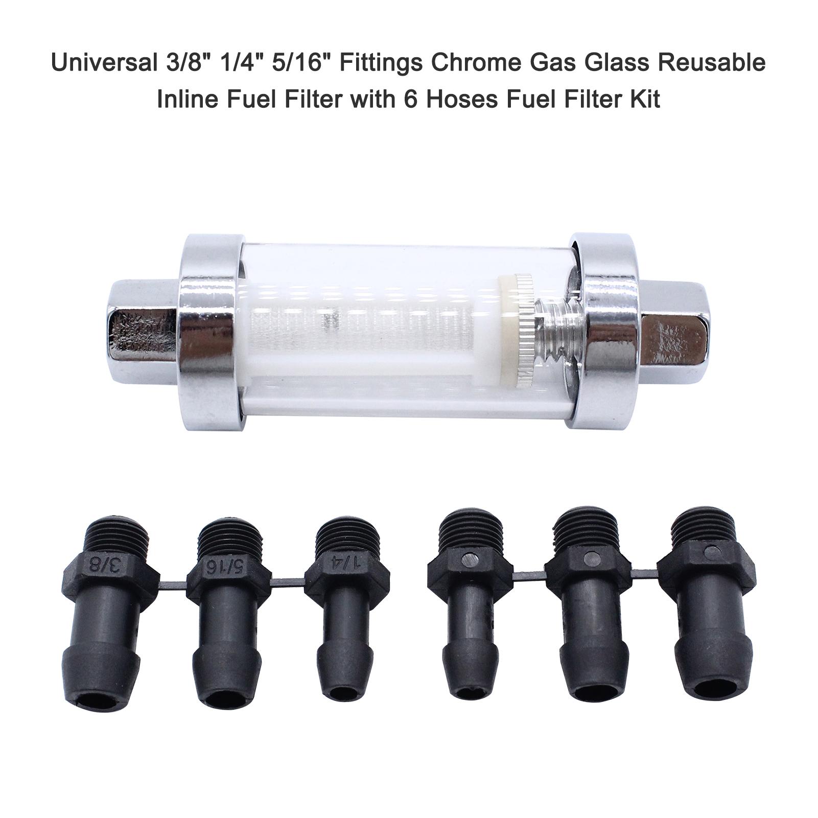 Universal 3/8'' 1/4'' 5/16'' Fittings Chrome Gas Glass Reusable Inline Fuel Filter with 6 Hoses Fuel Filter Kit