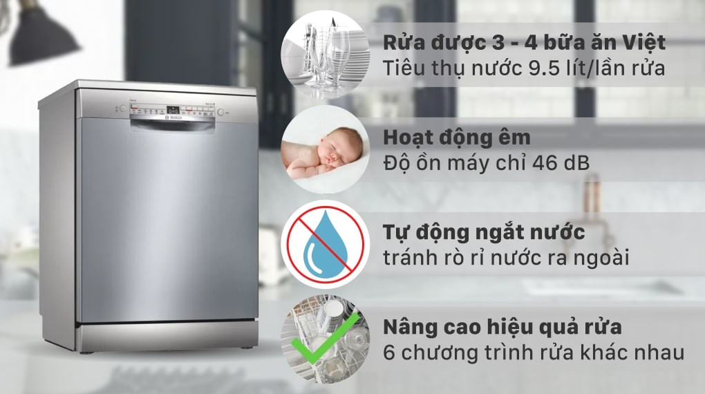 Máy rửa chén bát độc lập Bosch SMS2HAI12E (Series 2) - 13 bộ chén đĩa - 6 chương trình rửa - Hàng Chính Hãng