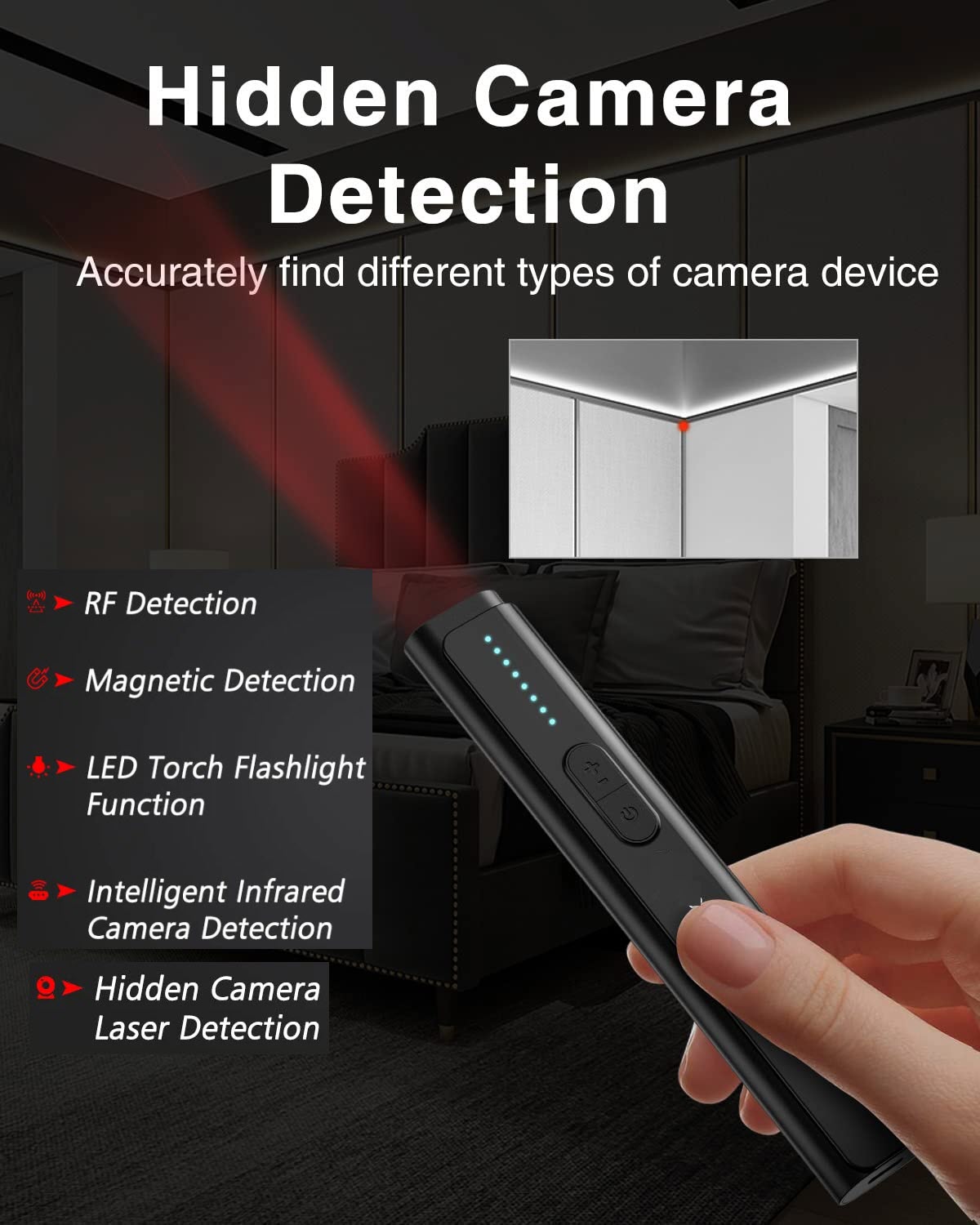 Máy Dò Phát Hiện Camera Theo D.õi, Máy Ghi Âm, Nghe L.én, Thiết Bị GPS, Đ.ịnh Vị Detector WT16. Wireless Hi.dden Camera Detector with 5 Professional Modes and 6 Sensitivity Levels - Portable Anti-Sp.y Device for Travel Office