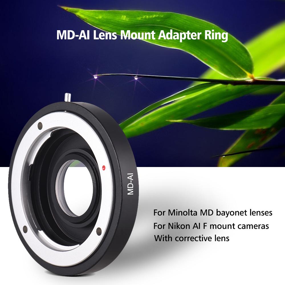 MD-AI Lens Mount Adapter Ring with Corrective Lens for Minolta MD MC Mount Lens to Fit for Nikon AI F Mount Camera for