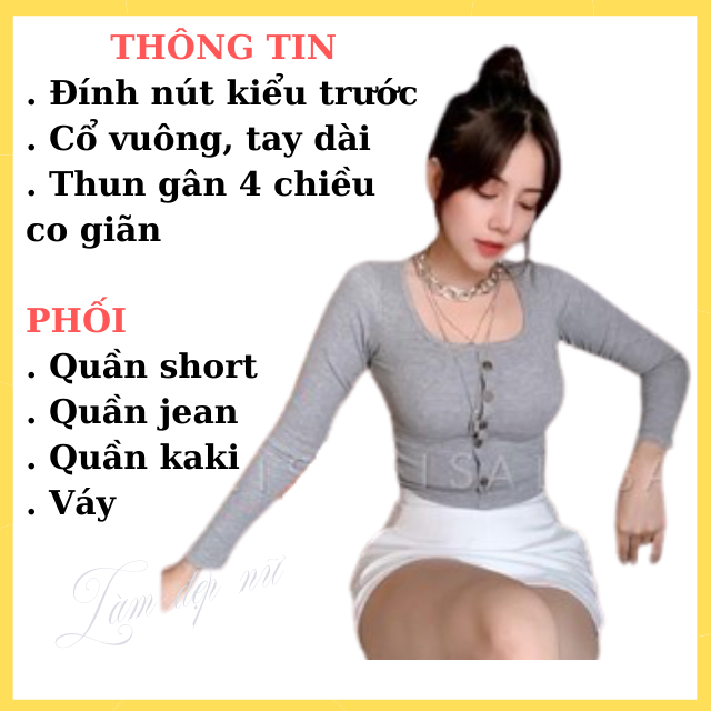 Áo Croptop CRT Nữ Thun Gân Cổ Vuông Chữ U Dài Tay Kiểu Phối Khuy Nút Ôm Body Xám Đen Trắng Tay Dài Mềm Mịn Sexy Quyến Rũ