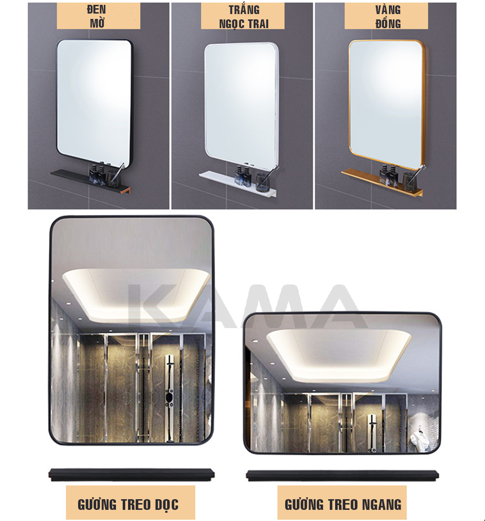 Gương Soi Phòng Tắm Treo Tường Vuông 50x70cm KAMA GS03, Bộ Gương Soi Mặt Nhà Tắm Và Kệ Để Đồ Trang Điểm Phong Cách Bắc Âu Tối Giản Mới
